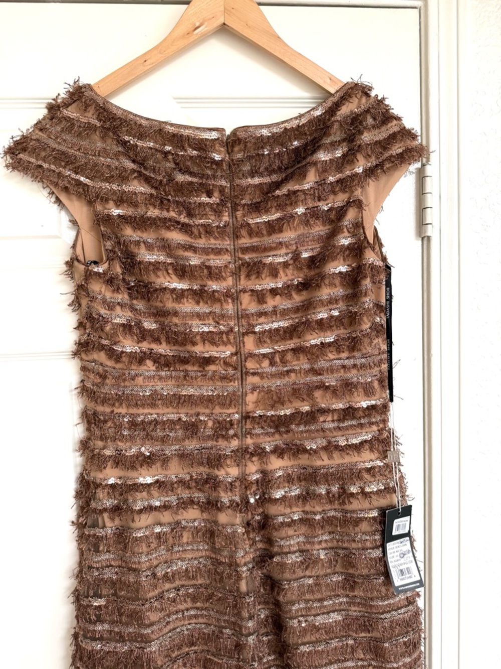Tadashi Shoji Thora Silken Fringe Dress NWT Brown Tan Gold Midi Length 10 - Picture 8 of 10